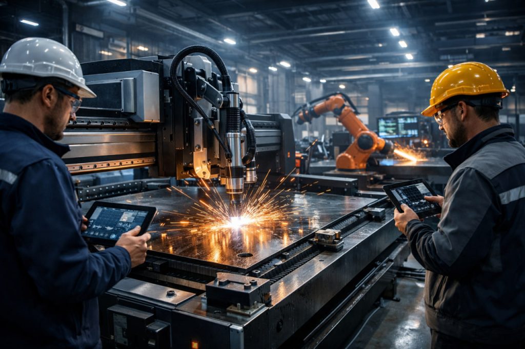 نمای واقعی یک کارگاه صنعتی با ماشین‌های CNC برش فلز، بازوهای رباتیک در حال برش دقیق ورق‌های فلزی، مهندسان در حال نظارت با تبلت، نمایش دقت و سرعت در فرآیند برش – مناسب برای مقاله درباره دستگاه CNC برش و کاربردهای صنعتی.